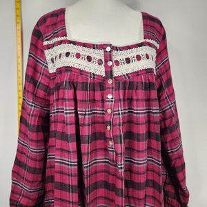 Eileen West Size L Nightgown Red Plaid Flannel Long Sleeve Pockets 50inch Ballet